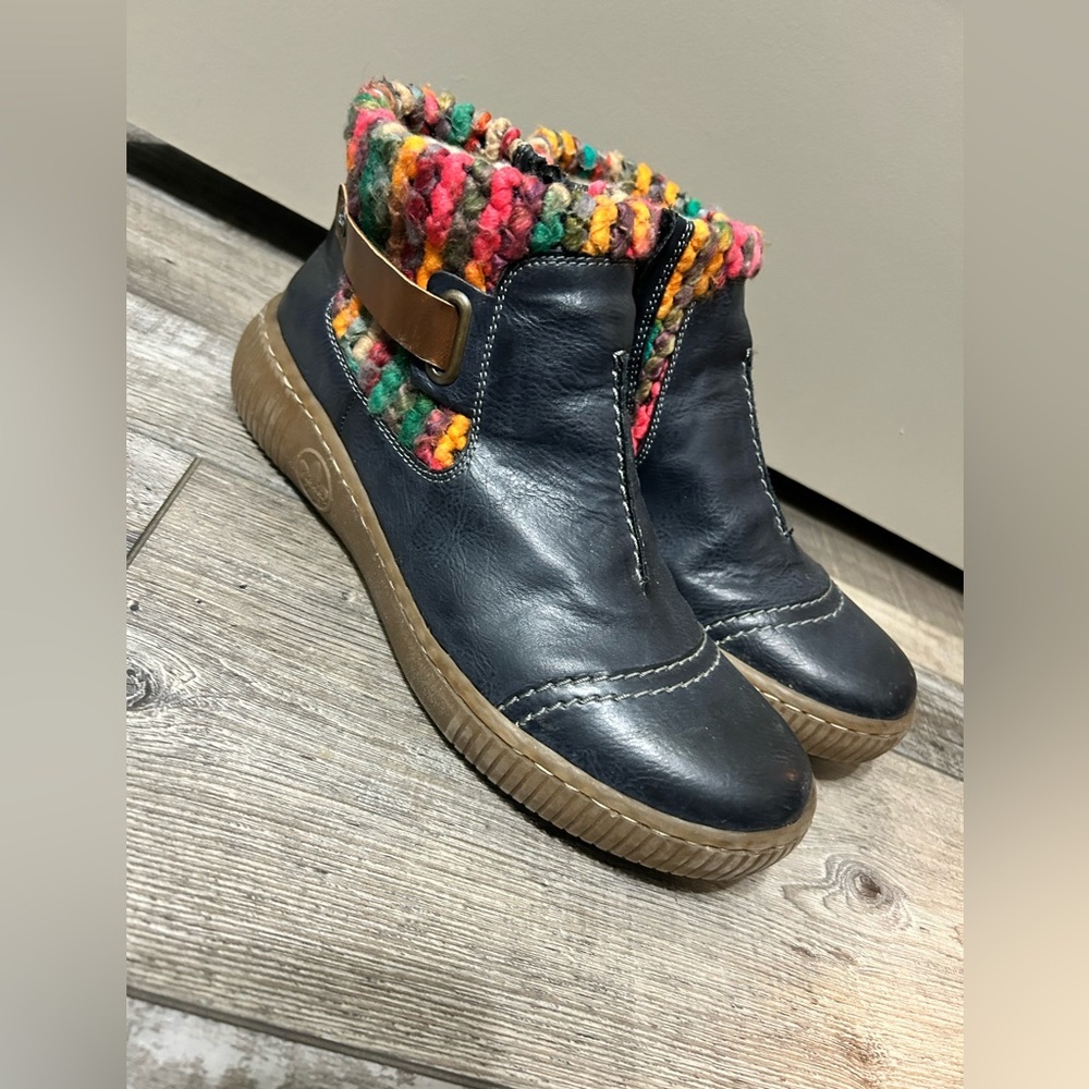 Rieker Navy Blue side zipper Ankle Boots with Colorful Knit Trim